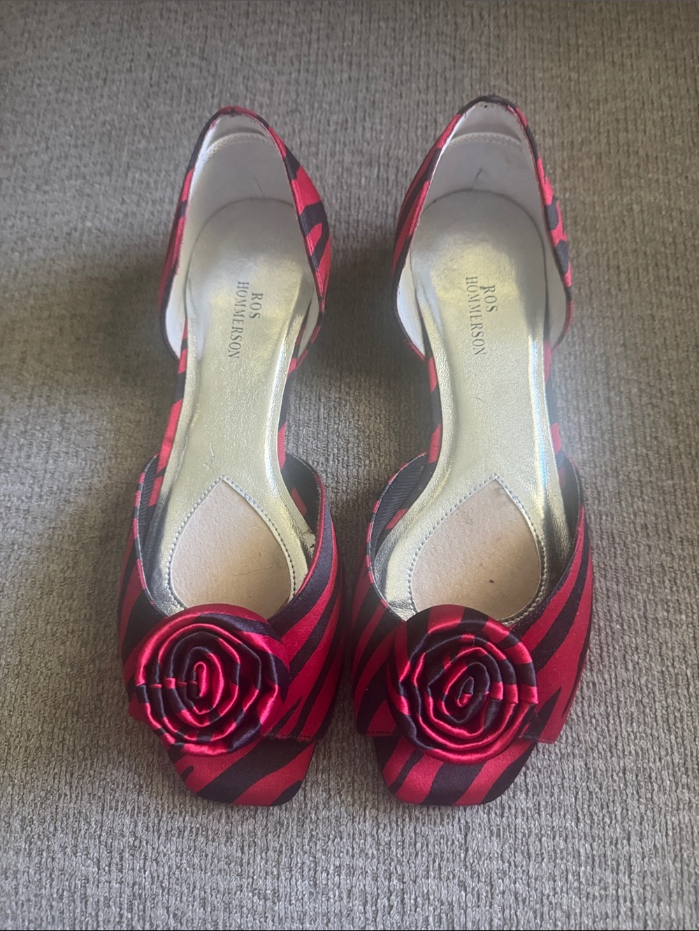 Ros Hommerson Red and Black Animal Print Open Toe Flats -